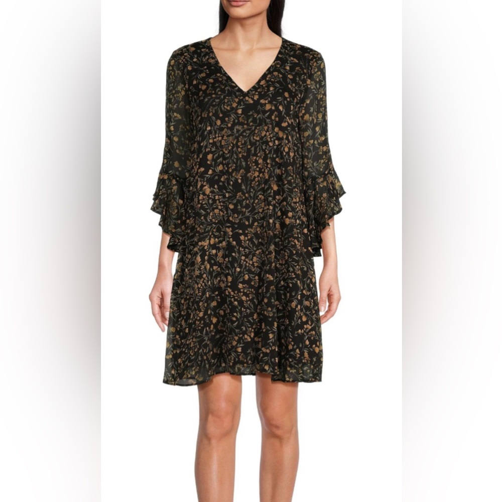 Calvin Klein Black Floral v neck ruffle Sleeve Dress